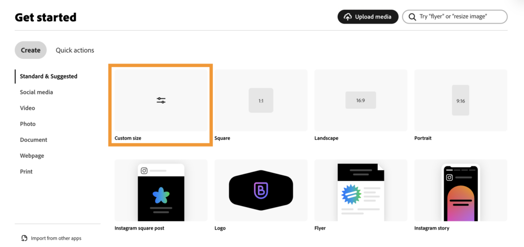 screenshot of Custom size option in Get started menu